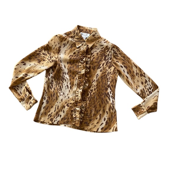 ✨🥳host pick 🤩🥂Chagall Vintage Leopard Print Sheer Ruffled Front Blouse - Sz 8 - Picture 5 of 8